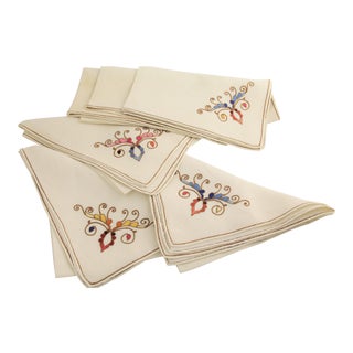 Antique Art Nouveau Hand Embroidered Linen Dinner Napkin - Set of 6 For Sale