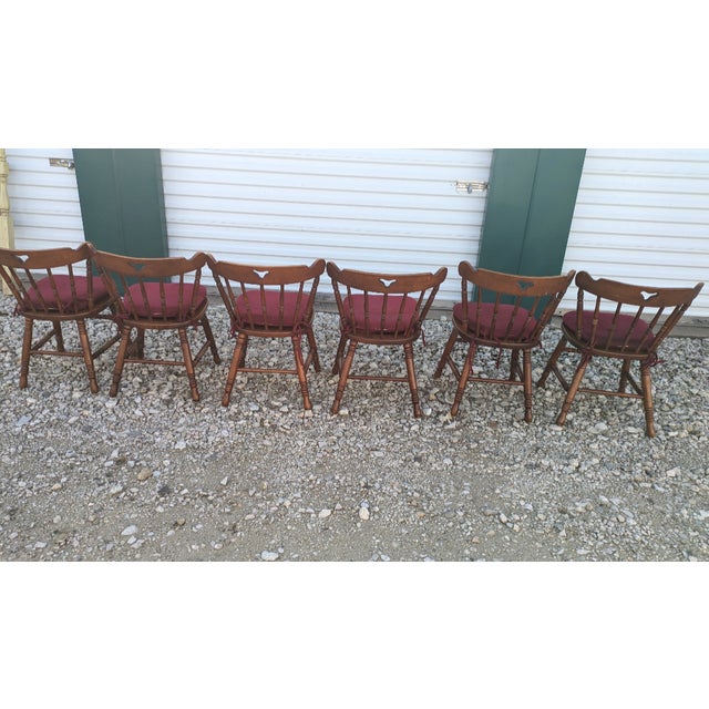 Wood Swiss-American Tell City Pub Chairs in Solid Hard Rock Maple Dining Chairs. Set of Six With Red /Maroon Cushions. For Sale - Image 7 of 9