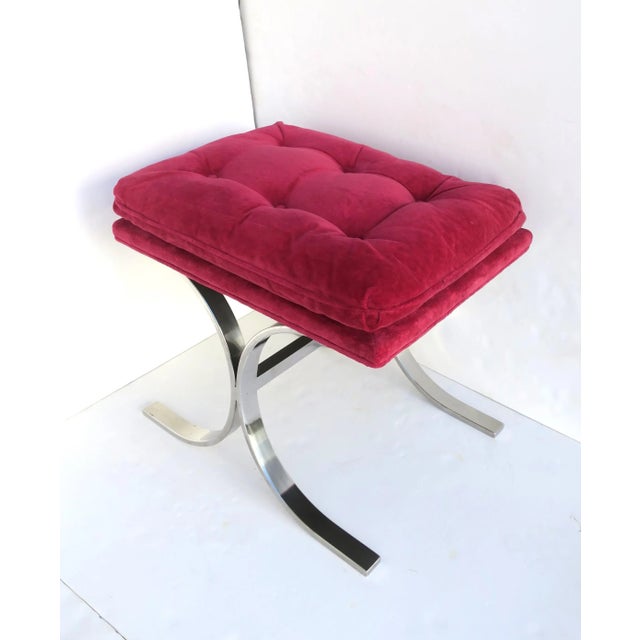 A chrome bench with upholstered magenta pink seat, '60s '70s Modern / Hollywood Regency style, after designer Milo...