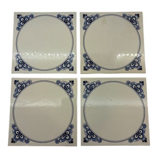 Mid 20th Century Royal Mosa Holland Blue and White Decorative Tile Trivet - Set of 4 For Sale