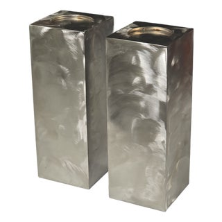 Two Heavy Gauge Stainless Steel Candleholders For Sale