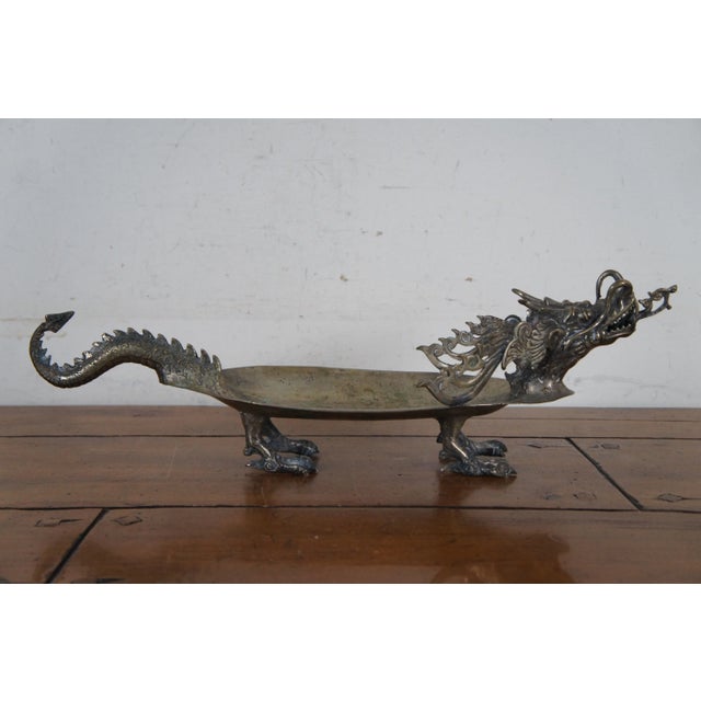 Vintage Bronze Sculptural Chinese Dragon Centerpiece Serving Tray Bowl Compote For Sale - Image 6 of 12