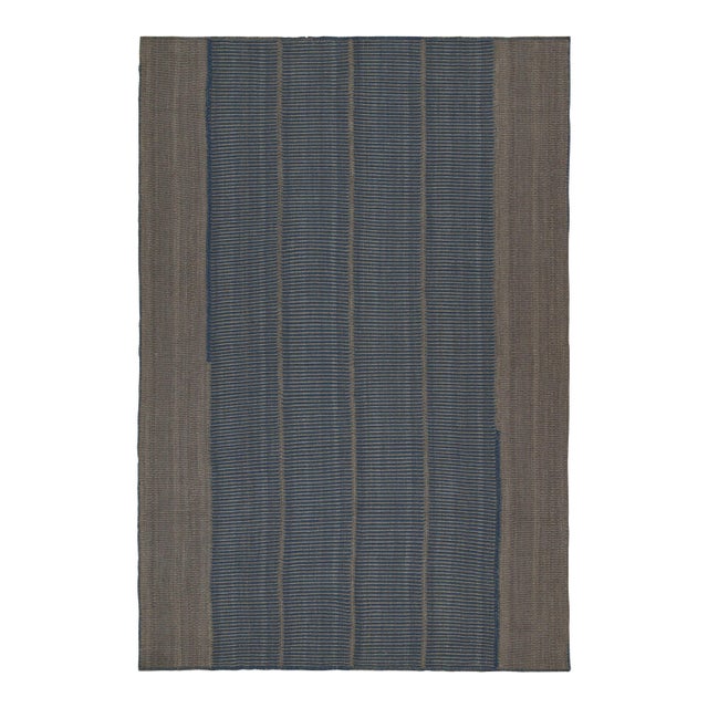 Rug & Kilim’s Contemporary Kilim in Blue and Gray With Stripes & Brown Accents For Sale