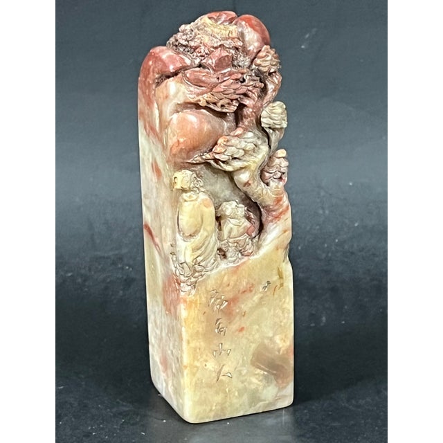 Tan Chinese Art Carved Soapstone Seal Mountain Scenery Design For Sale - Image 8 of 11