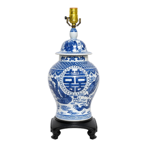 Blue & White Chinoiserie Dragon Ginger Jar Lamp on Black Stand