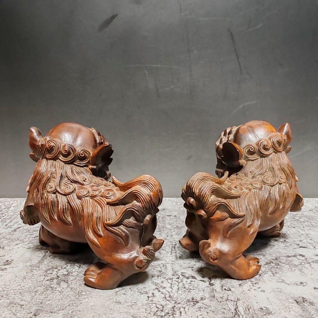 Chestnut Late 20th Century Pair of Boxwood Carved “Ruyi Lion” Statues – Auspicious Chinese Wood Sculpture Set For Sale - Image 8 of 9