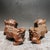 Chestnut Late 20th Century Pair of Boxwood Carved “Ruyi Lion” Statues – Auspicious Chinese Wood Sculpture Set For Sale - Image 8 of 9