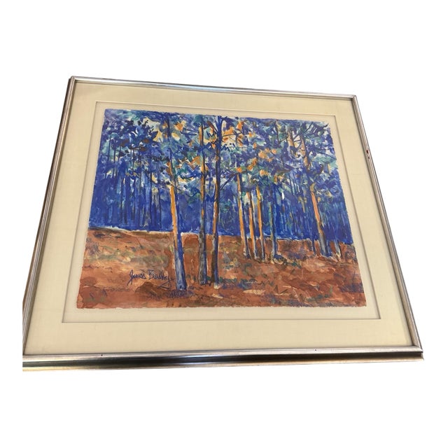 Large Signed James Busby Forest Landscape Painting – Vibrant Blue & Rust Woodland Scene – Professionally Framed – 35” X 32” For Sale