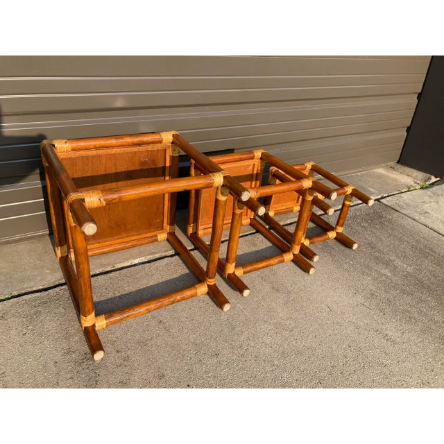 Wood Mid-20th Century Rattan and Bamboo Nesting Tables - Set of 3 For Sale - Image 7 of 11