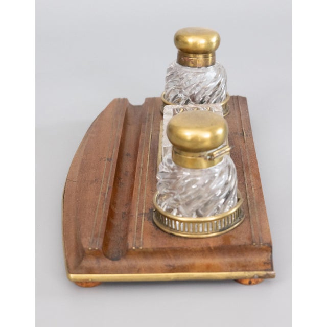Late 19th Century 19th Century French Baccarat Crystal & Oak Double Inkwell Inkstand Desk Set For Sale - Image 5 of 11
