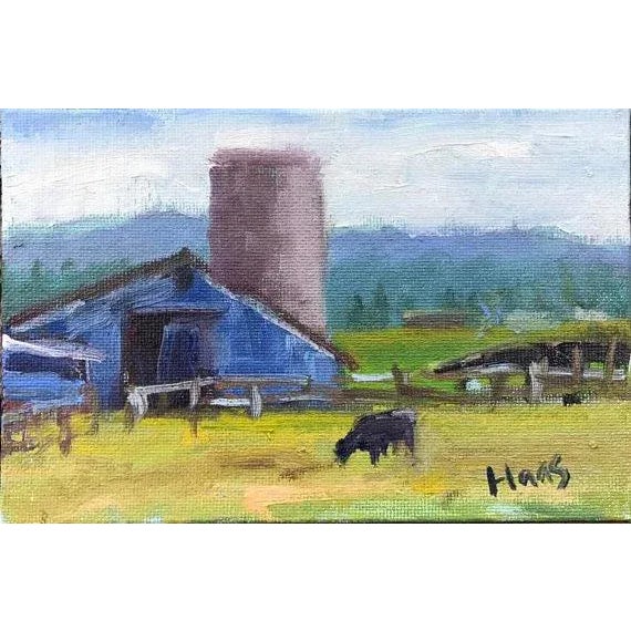 2010s Petaluma Blue Barn & Cow Oil Painting For Sale - Image 5 of 10