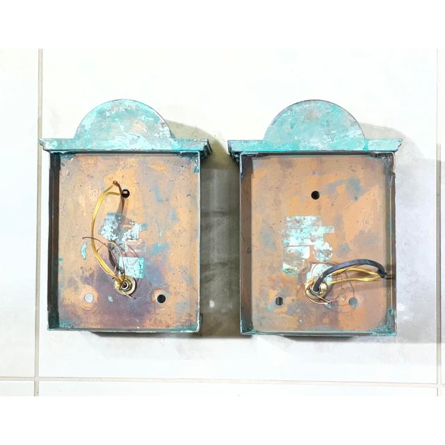 Stunning Pair of Vintage Art Deco Brass Verdigris Wall Sconces / Lanterns For Sale In Miami - Image 6 of 14