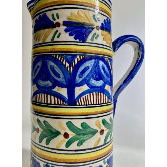 Royal Blue Vintage Toledo Bright Hand Painted Folk Art Pottery Pitcher For Sale - Image 8 of 13