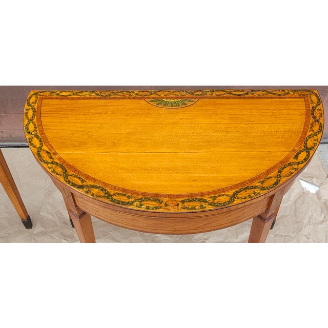 Late 18th Century Pair of George III Floral Wreath Painted Crossbanded Satinwood Demilune Card Tables For Sale - Image 9 of 18
