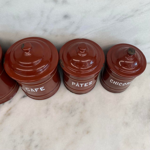Set of Five French Reddish Brown Enamel Kitchen Canisters With Original Lids For Sale - Image 12 of 18
