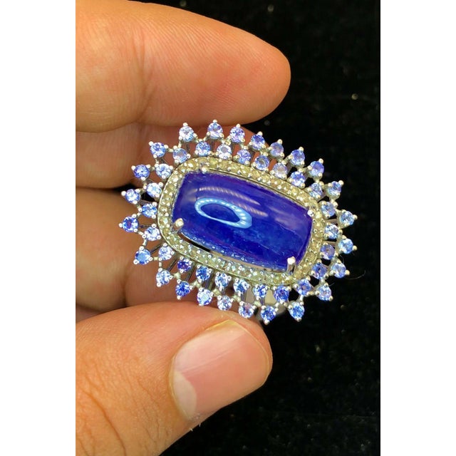 Bochic “Orient” Natural Diamond & Tanzanite Cocktail Ring Set 18K Gold & Silver For Sale - Image 10 of 12