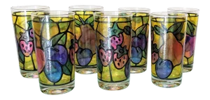 Vintage Stain Glass Colored Fruit Drinking Glasses Set 7