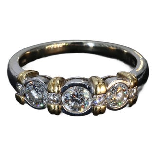 Mid 20th Century 18k White & Yellow Gold Diamond Three-Stone Bezel Set Ring - Size 7 For Sale