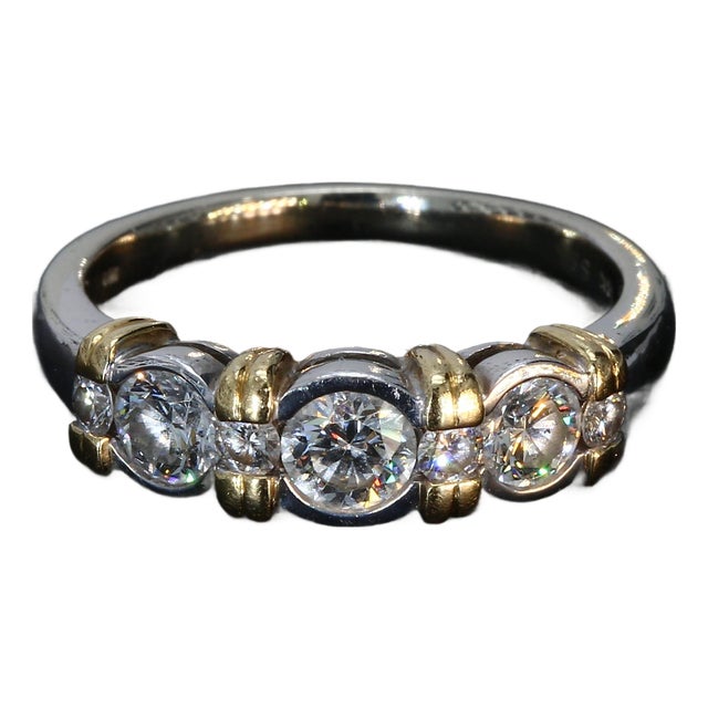 Mid 20th Century 18k White & Yellow Gold Diamond Three-Stone Bezel Set Ring - Size 7 For Sale