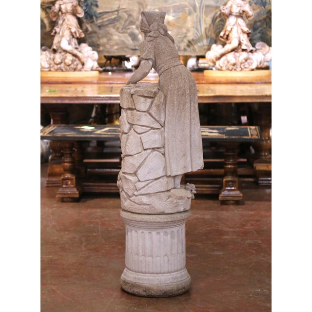 Greige Mid-Century French Cast Stone Garden Figure of Woman at Well on Fluted Pedestal For Sale - Image 8 of 13