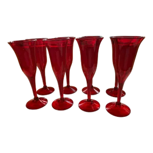 Ruby Red Tall Handblown Champagne Flutes Set of 8