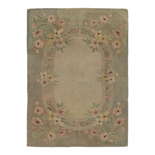 Antique Hooked Rug With Oval Medallion & Pastel Florals in Green - Rug & Kilim For Sale