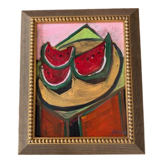 Vintage Juan Guzman Oil Still Life of Watermelon, Framed For Sale