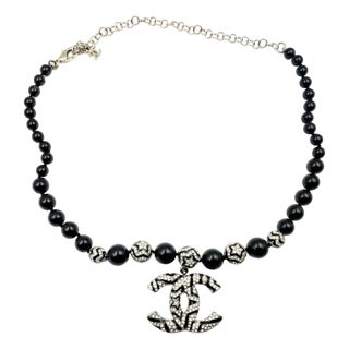 Chanel Silver CC Star Crystal Black Bead Necklace For Sale