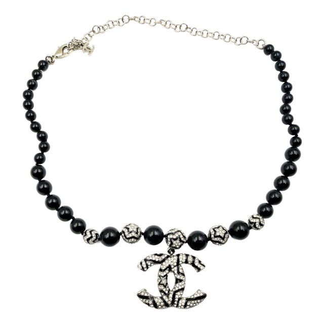 Chanel Silver CC Star Crystal Black Bead Necklace For Sale
