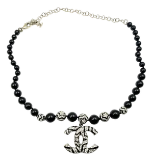 Chanel Silver CC Star Crystal Black Bead Necklace