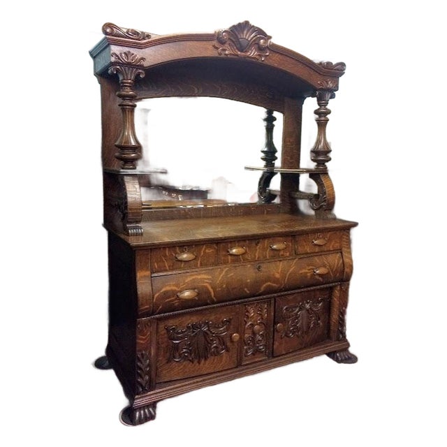 Antique Oak Buffet, Carved Victorian Buffet Bar For Sale