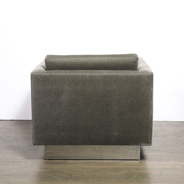 Taupe Pair of Mid-Century Biscuit Tufted Cube Chairs W/ Chrome Wrapped Base in Mohair For Sale - Image 8 of 10