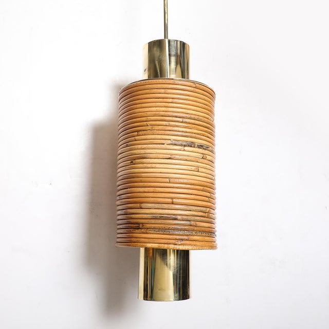 Mid-Century Tiered Cylindrical Pendants in Wrapped Rattan and Polished Brass For Sale - Image 9 of 12