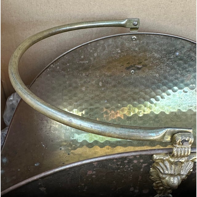 Vintage Mid 20th Century Hammered Brass Fireplace Log Holder With Lion Faces & Paws For Sale - Image 12 of 12