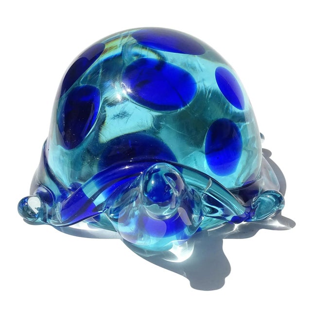 Blue Vintage Murano Salviati Glowing Light and Dark Blue Spots Italian Art Glass Abstract Turtle Figure Sculpture For Sale - Image 8 of 10