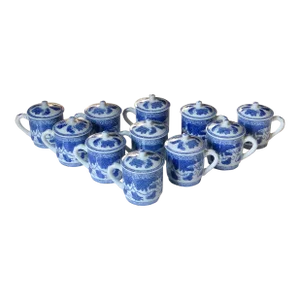 Vintage Chinoiserie "Butterfly Garden" Blue and White Lidded Teacups- Set of 12