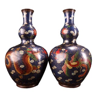 Late 20th Century Pair of Gilt Bronze Cloisonné Enamel Double-Gourd Vases With Dragon and Phoenix Motifs For Sale