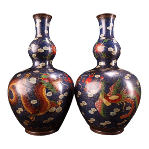 Late 20th Century Pair of Gilt Bronze Cloisonné Enamel Double-Gourd Vases With Dragon and Phoenix Motifs