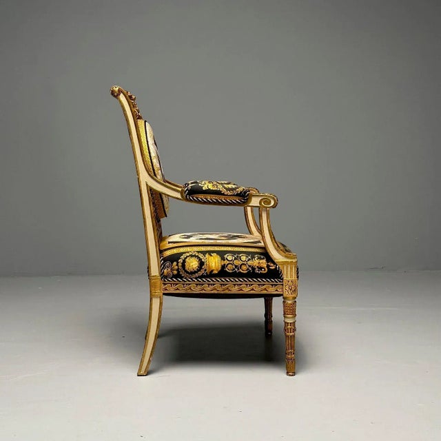 Louis Xvi, French Arm Chair, Versace Fabric, Giltwood, France, 1960s For Sale In New York - Image 6 of 12
