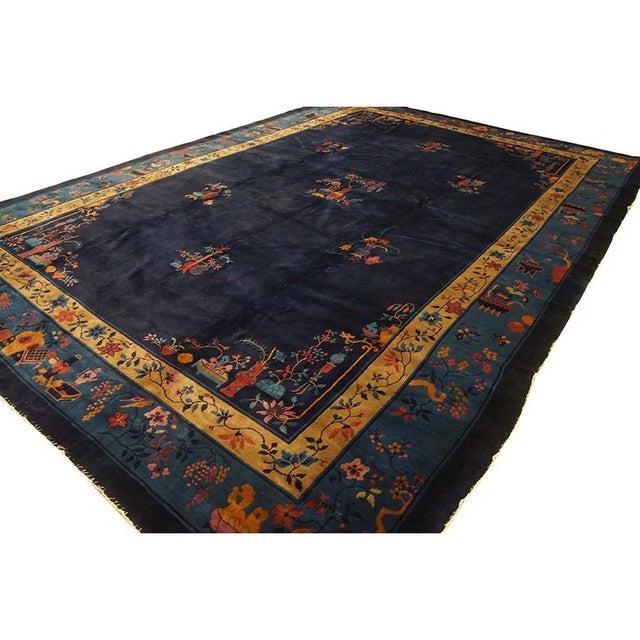 Art Deco 1920s Antique Chinese Art Deco Wool Floral Manchester Blue Hand Knotted Rug For Sale - Image 3 of 9