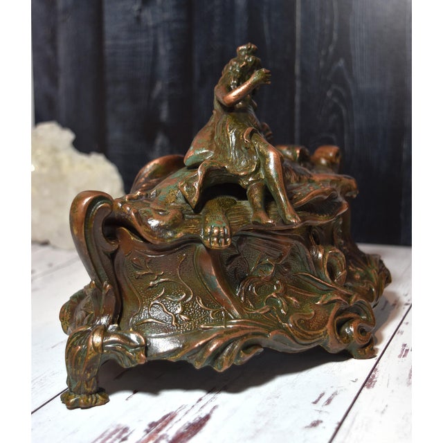 Antique Art Nouveau Metal Dresser Box Casket Lady on Bear Skin Rug For Sale - Image 9 of 18