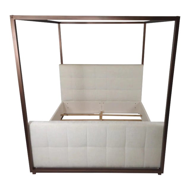 Modern Canopy Bed With Copper Finish and Chenille Fabric- Cal King For Sale
