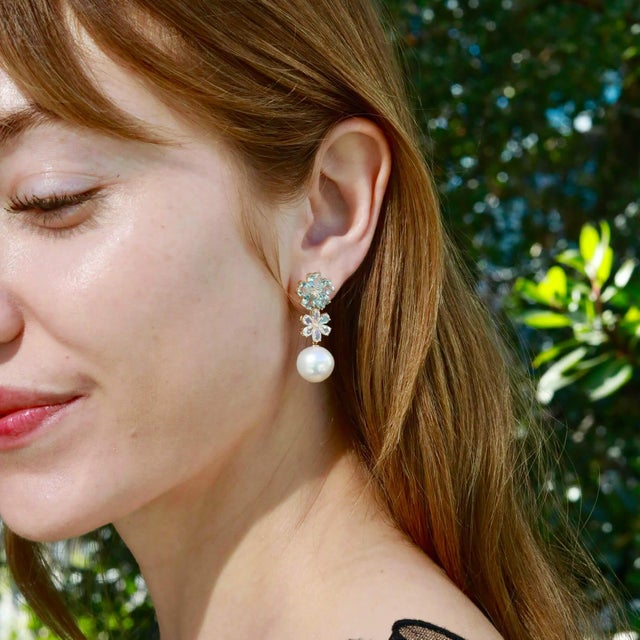 Contemporary Nina Zhou 8.48ctw Island Blossoms Aquamarine Moonstone Diamond & Freshwater Pearl Convertible Drop Earrings For Sale - Image 3 of 7