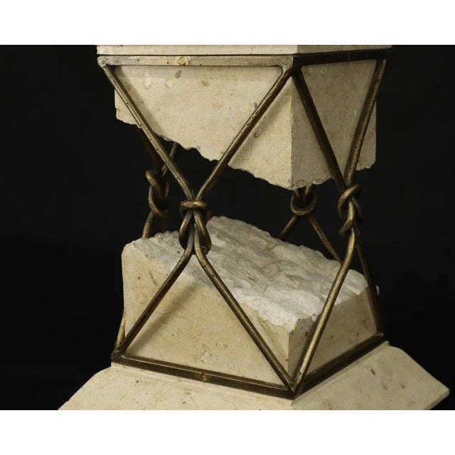 Travertine Stone Wrought Iron Suspended Top Scalloped Glass Coffee Center Table For Sale - Image 9 of 12