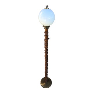 Mid-Century Modern Turned Wood & Brass Floor Lamp With Milk Glass Diffuser For Sale