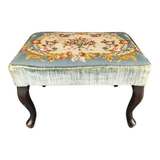 Antique French Louis XV Style Carved Wood Footstool or Small Bench Floral Needlepoint Cushion For Sale