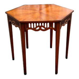 Hexagonal Cherry Wood Carved Library Hall Table
