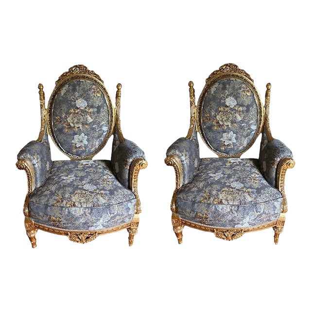 1990s Vintage Pair of Asnaghi Fauteuil Giltwood Carved Armchairs With Silk Floral Upholstery For Sale