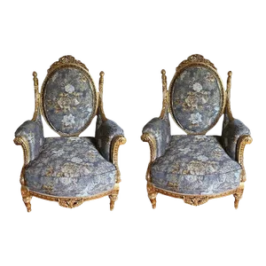 1990s Vintage Pair of Asnaghi Fauteuil Giltwood Carved Armchairs With Silk Floral Upholstery