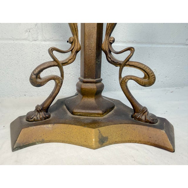 1910s Antique Ornate Early 1900's Bronze Glass Art Nouveau Electric Table Lamp Light For Sale - Image 5 of 11